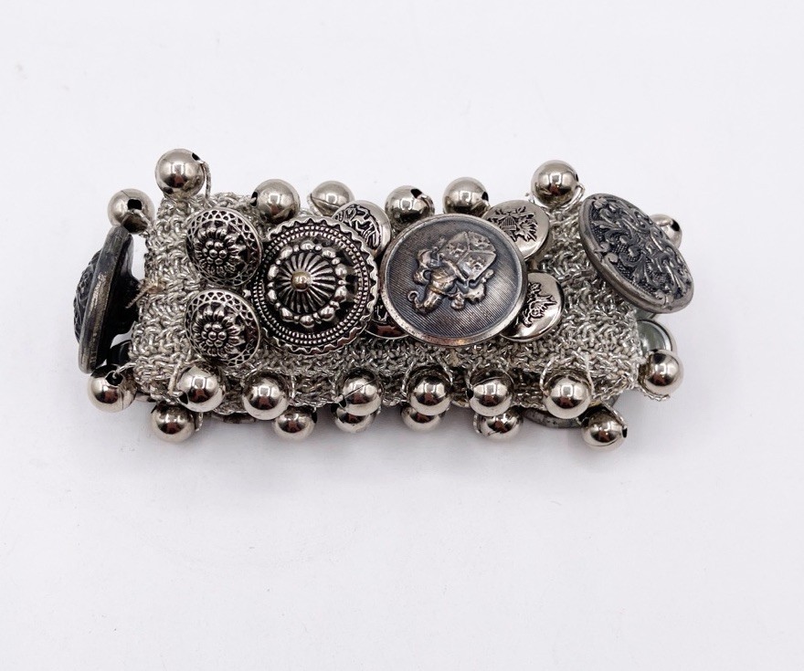 Artisan Layered Silver Tone Button Charm Wide Mesh Cuff Bracelet Boho Western