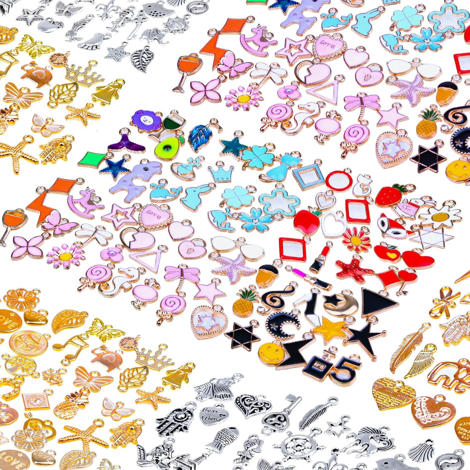 150PCS Bracelet Charms, Silver Bracelet Gold Plated Enamel Charms Pendants for N