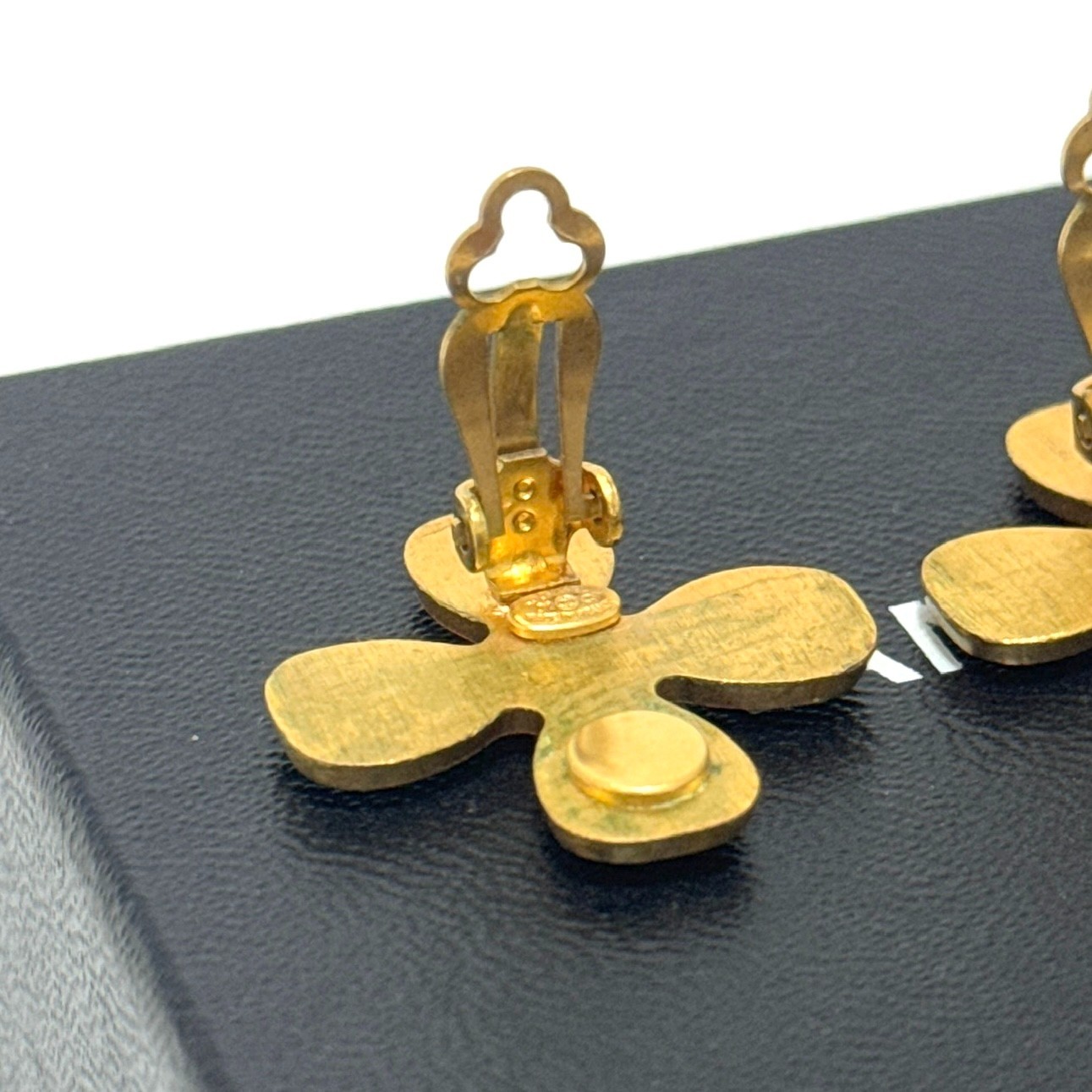 CHANEL 01C CC Logo Coco Mark Clover Earrings Gold Rhinestone Authentic JAPAN