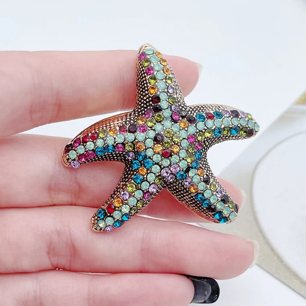 Colorful Starfish Rhinestone Brooch –Ocean Beach Winter Pin Coastal Jewelry Gift