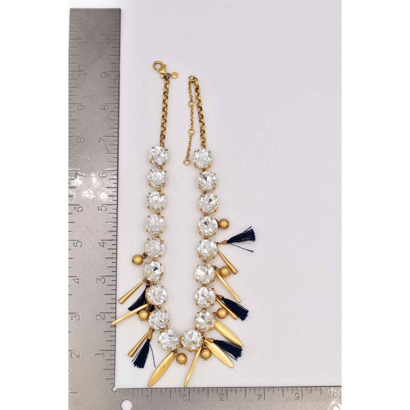 Ann Taylor Vintage Crystal Collar Necklace Dangle Navy Brushed Gold Chunky BinBL