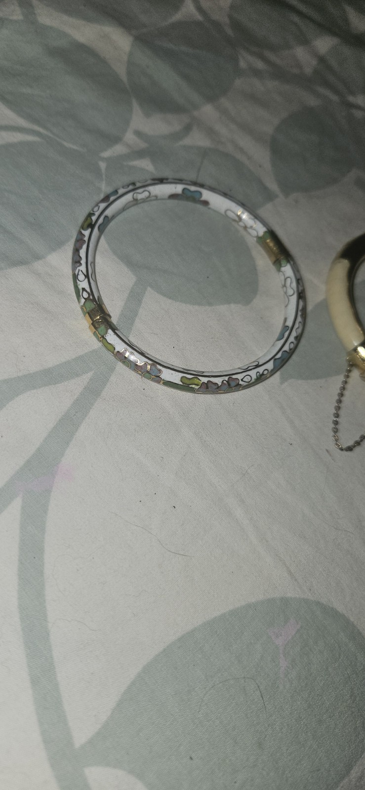Gold & Ivory Hinged Oval Bangle Bracelet with Safety Chain, 2 Piece Set.
