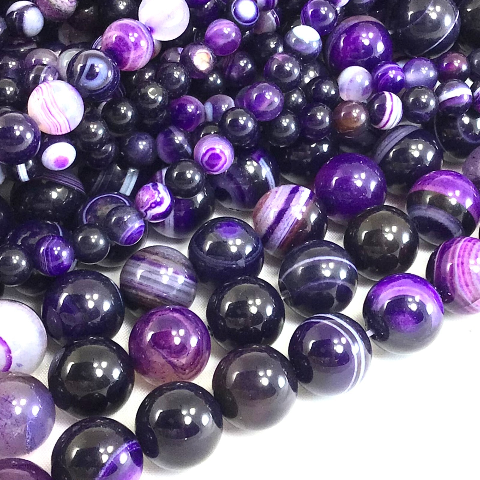 Gemstone Natural Purple Stripe Agate Smooth Round Loose Beads 15″ Jewelry Making