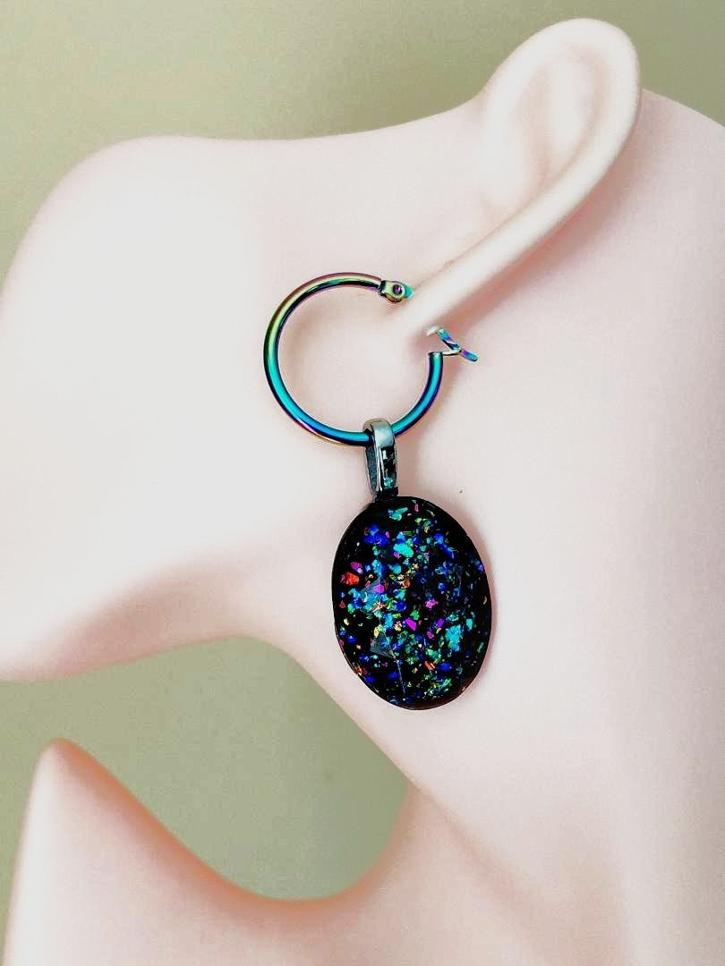 Opal Earrings Faceted Peacock Resin Opal 21x28mm & Rainbow Stainless-Steel Hoops