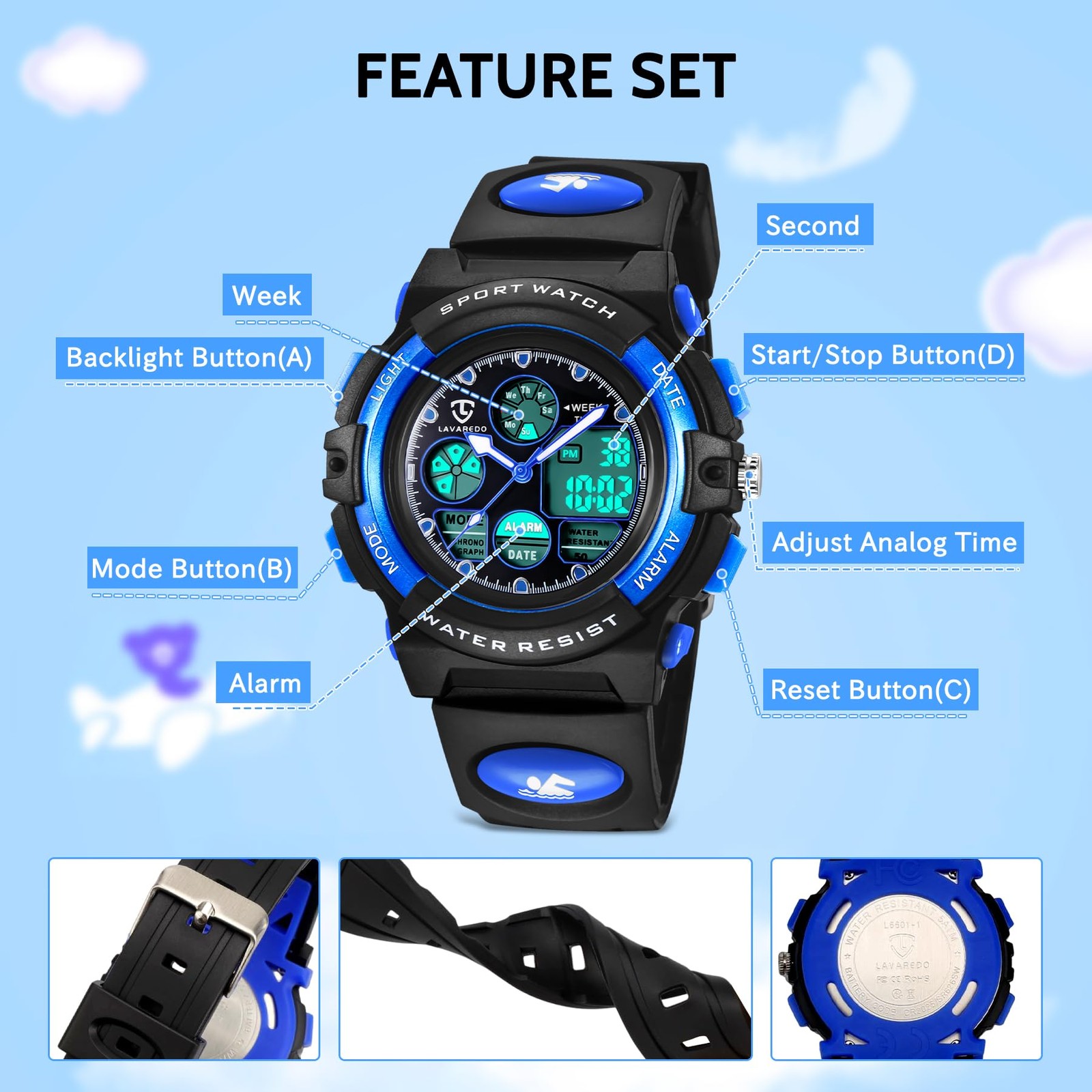 Bomieux Kids Analog Digital Waterproof Watch, Alarm, Stopwatch, Ages 01-Blue