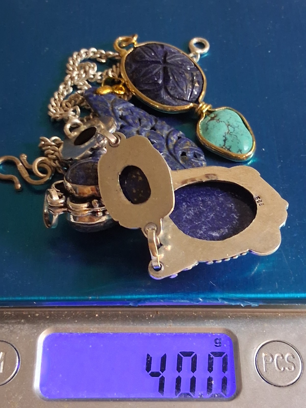 carved lapis lazuli gold filled pendants, sterling silver necklace, total 40g