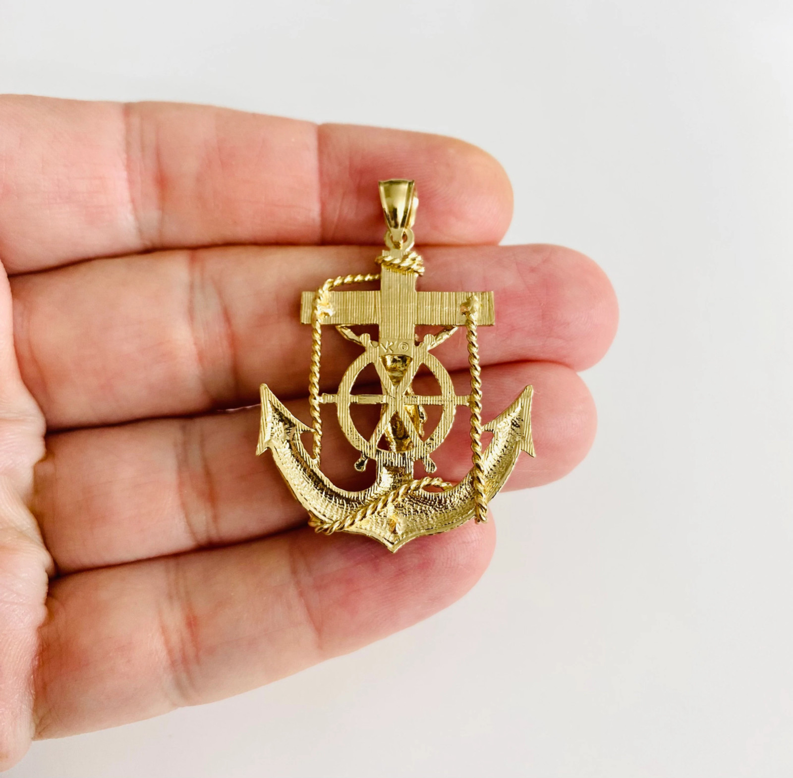 14K Solid Gold Anchor Jesus Christ Mariner Cross Pendant – 1.7 inches – PT1223