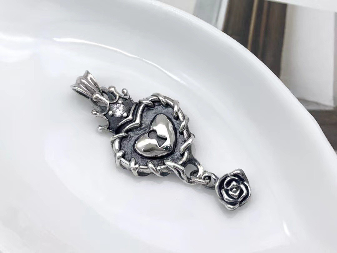 Gothic Crowned Heart Necklace S925 Silver Rose Cross Rosary Chain Emo Pendant