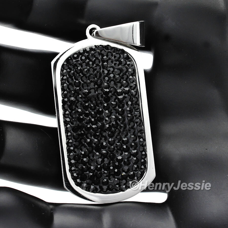 20″-30″MEN Stainless Steel 2.5mm Silver Beads Chain Black CZ Dog Tag Pendant*P43