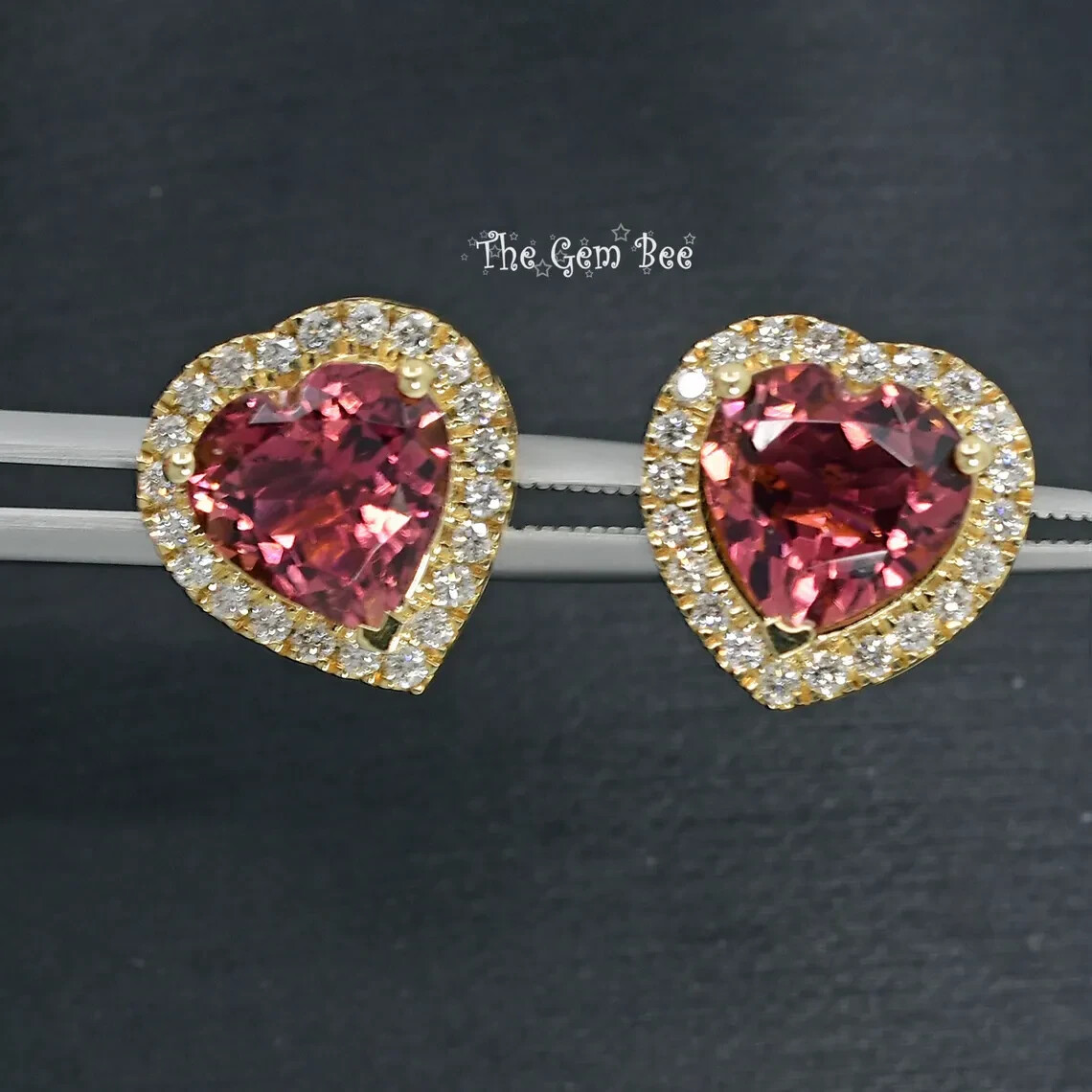 11.6mm 14k Yellow Gold 3.22CT Pink Tourmaline Heart Diamond Halo Ear Stud Post