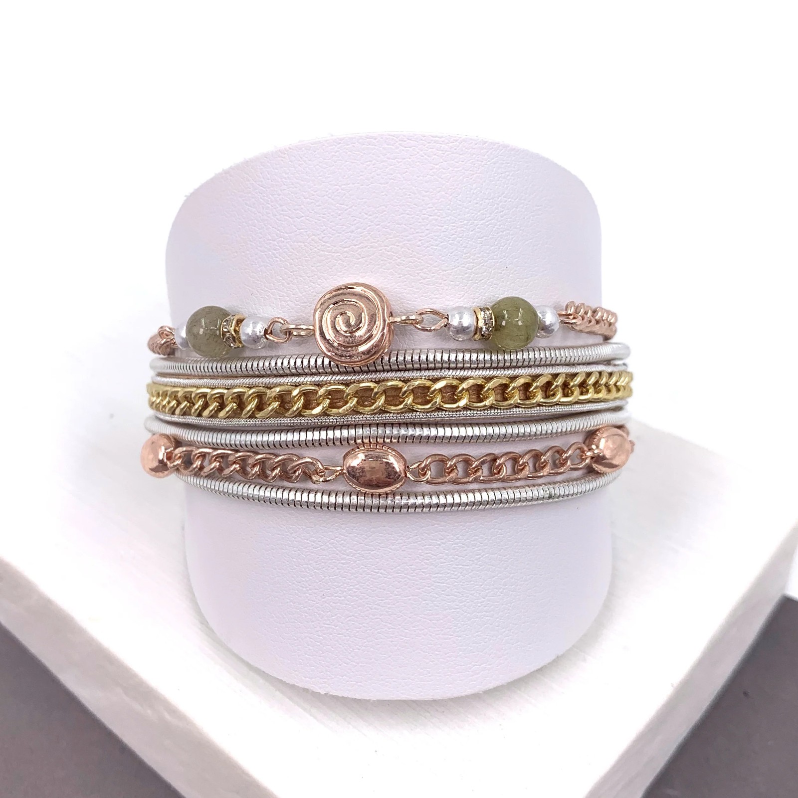 Swirl Disc Semi-Precious Beads Multichain Magnetic Bracelet