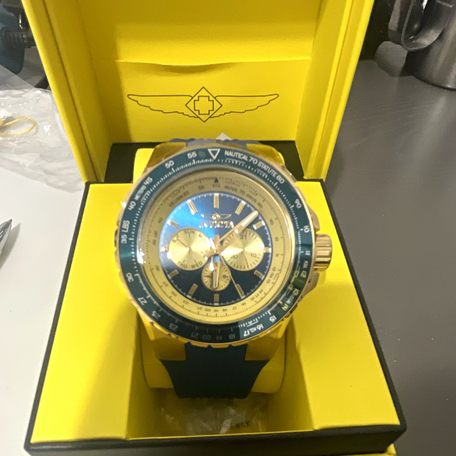 Invicta Aviator Men’s Quartz Chronograph Blue/Gold Dial 50mm Silicone Strap Box