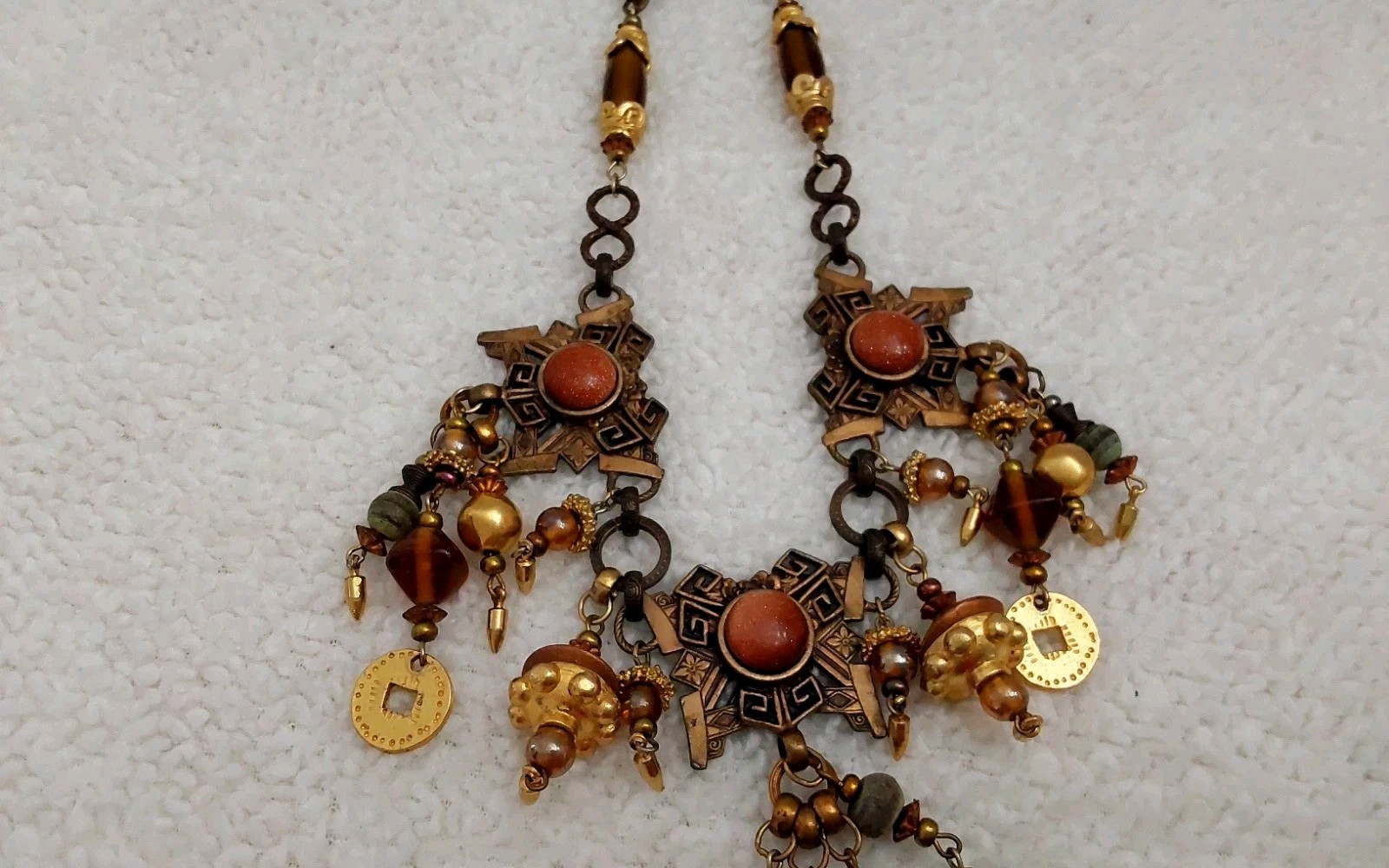 Vintage Robert Rose Necklace Gold Brown Beaded Egyptian Jewelry