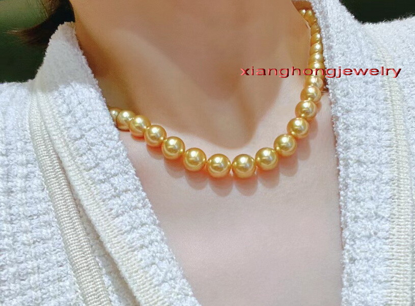 AAAAA 19″11-12MM NATURAL real round south sea golden pearl necklace 14K gold