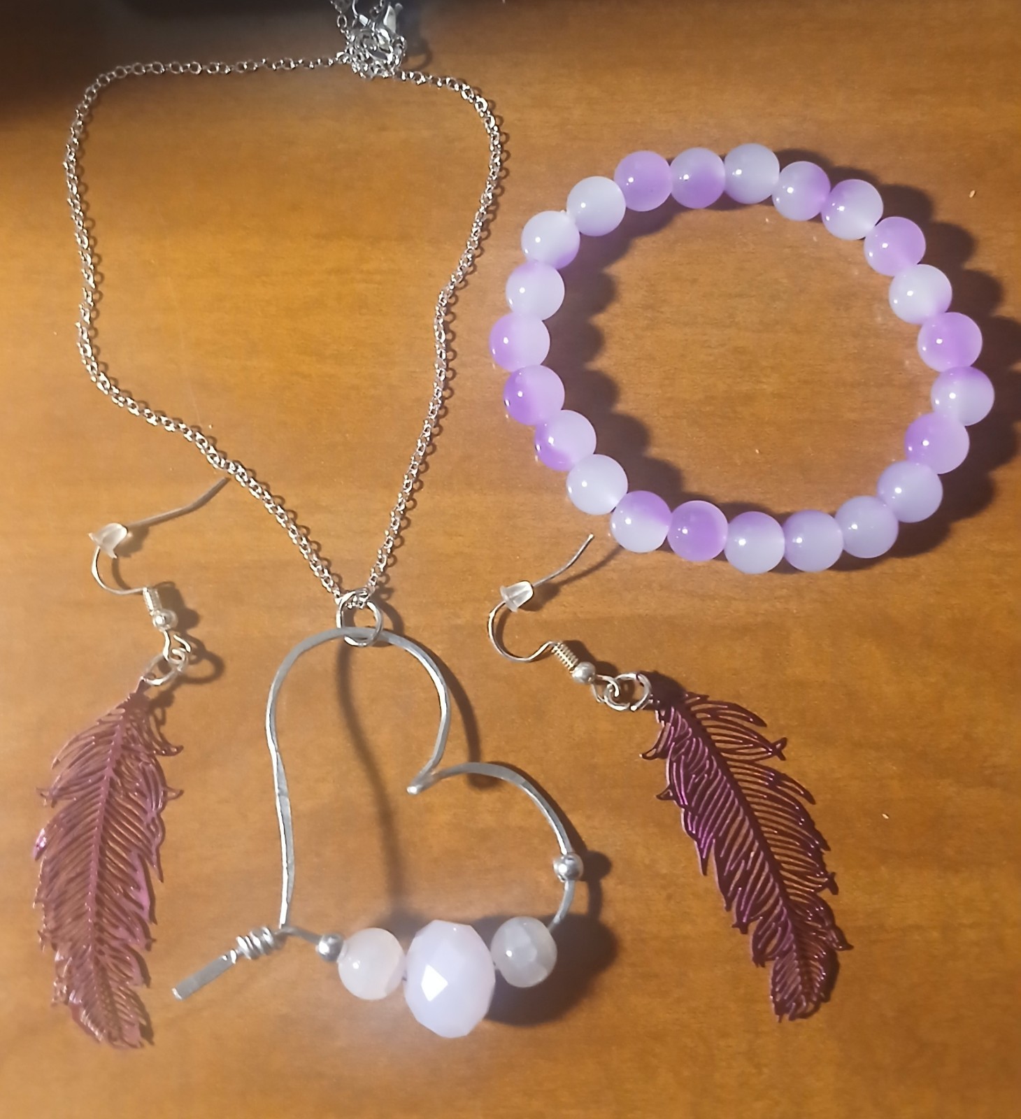 3 piece jewelry/ lavender bead bracelet/feather earrings/silver heart necklace
