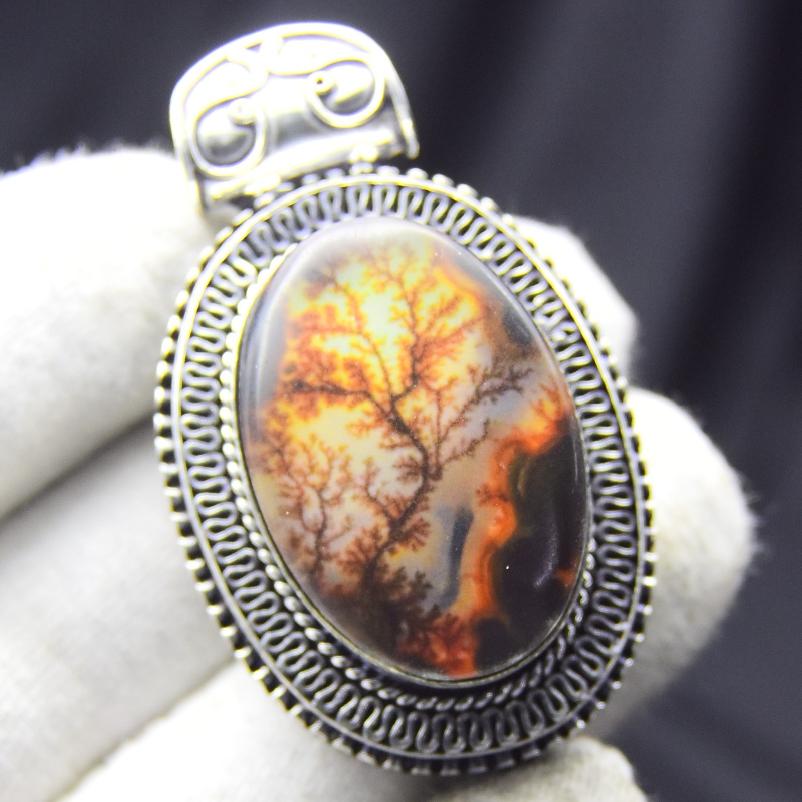 925 Sterling Silver Dendrite Fire Tree Gemstone Pendant Handmade Unique Jewelry