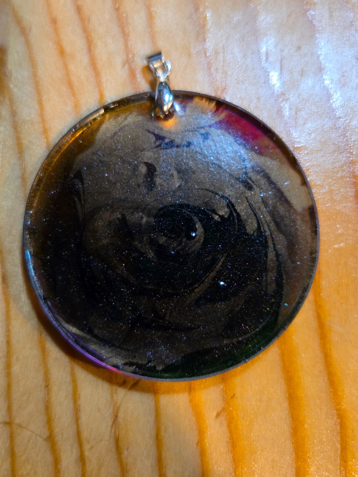 OOAK Petri Effect Resin Round Pendant Green Gold Pink Black Glitter Swirl N095