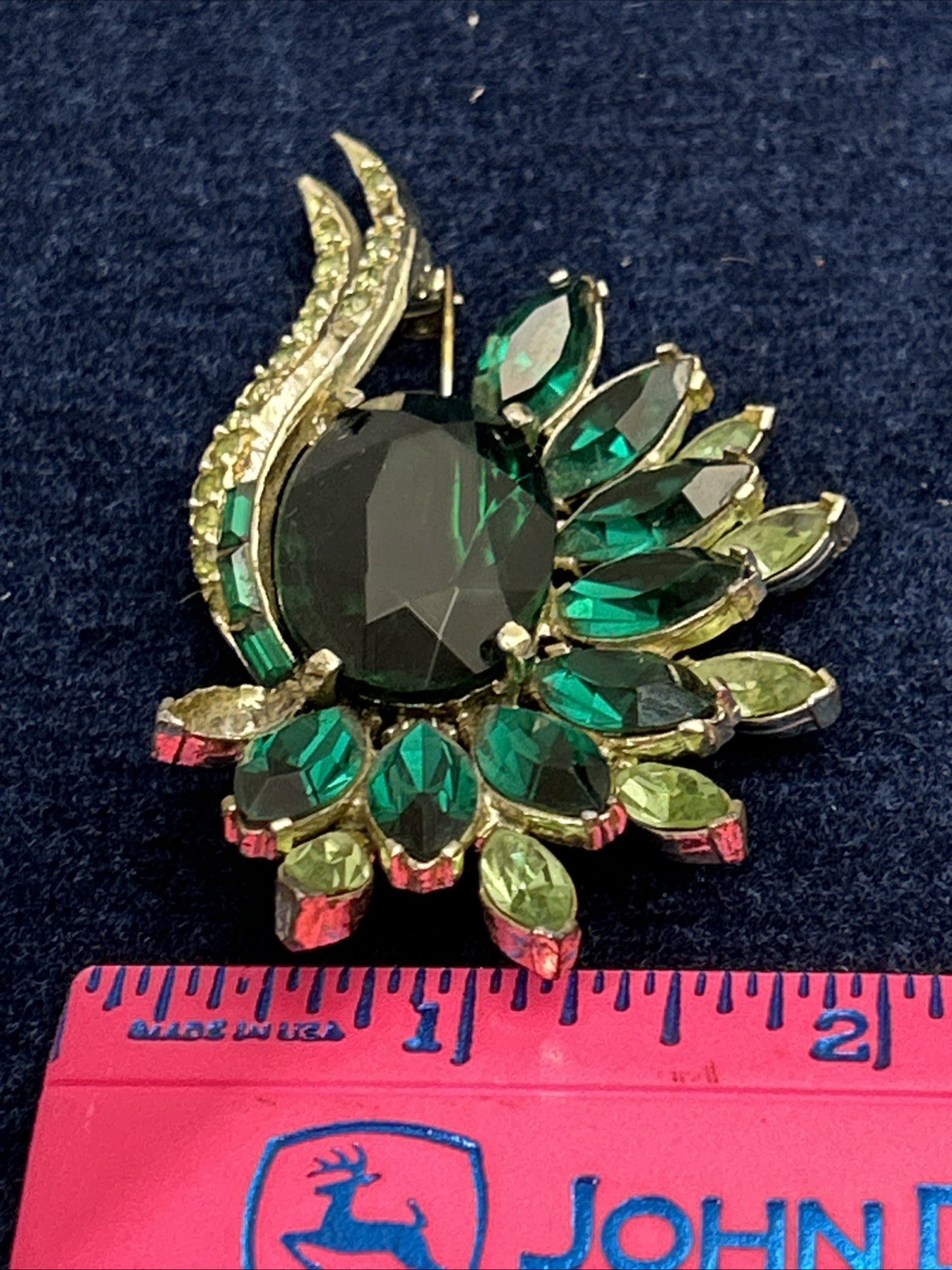 Vintage Designer Signed Pell Emerald Green Prong Set Pave and Rhinestone Brooch