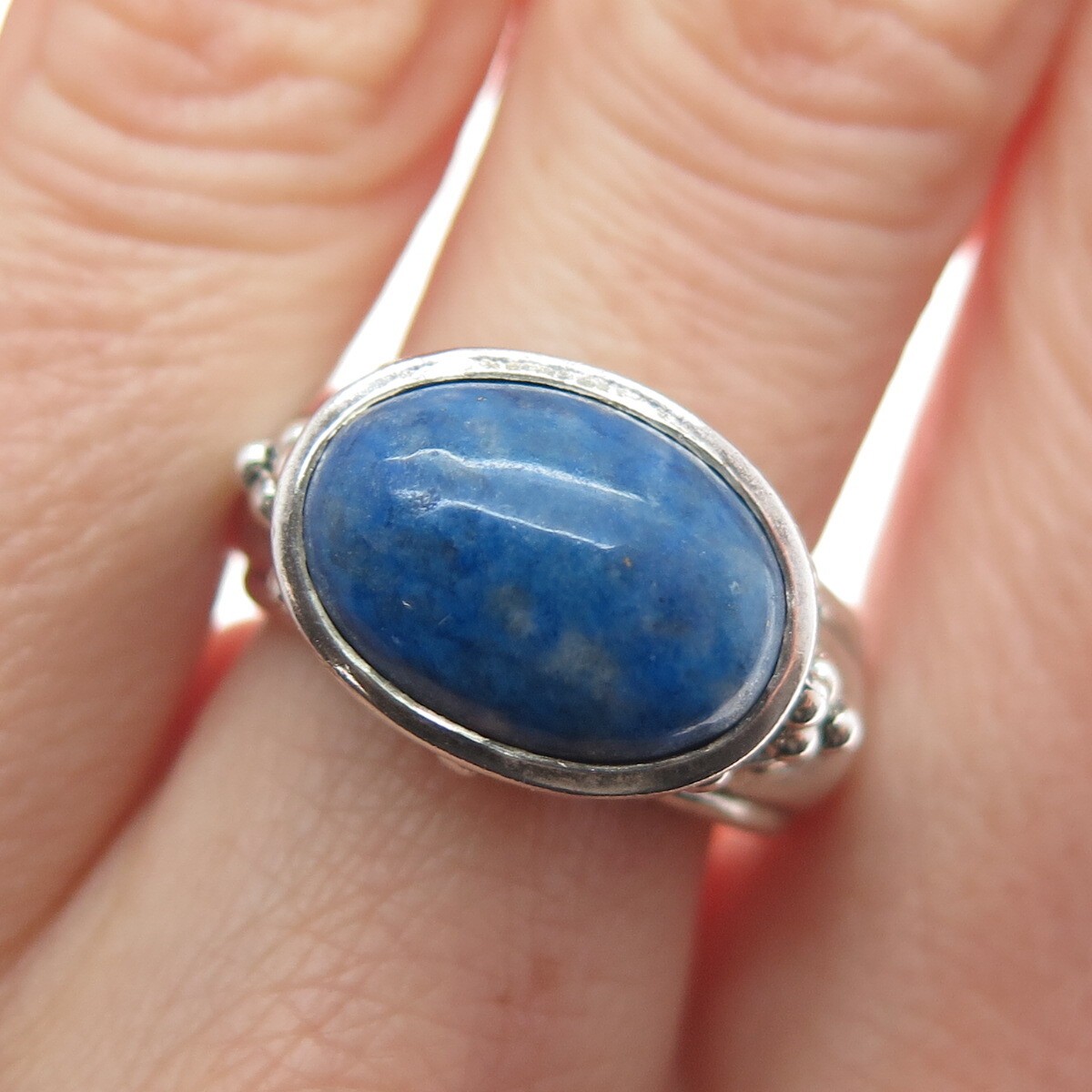 925 Sterling Silver Vintage Real Lapis Lazuli Gem Beaded Swirl Ring Size 7.25