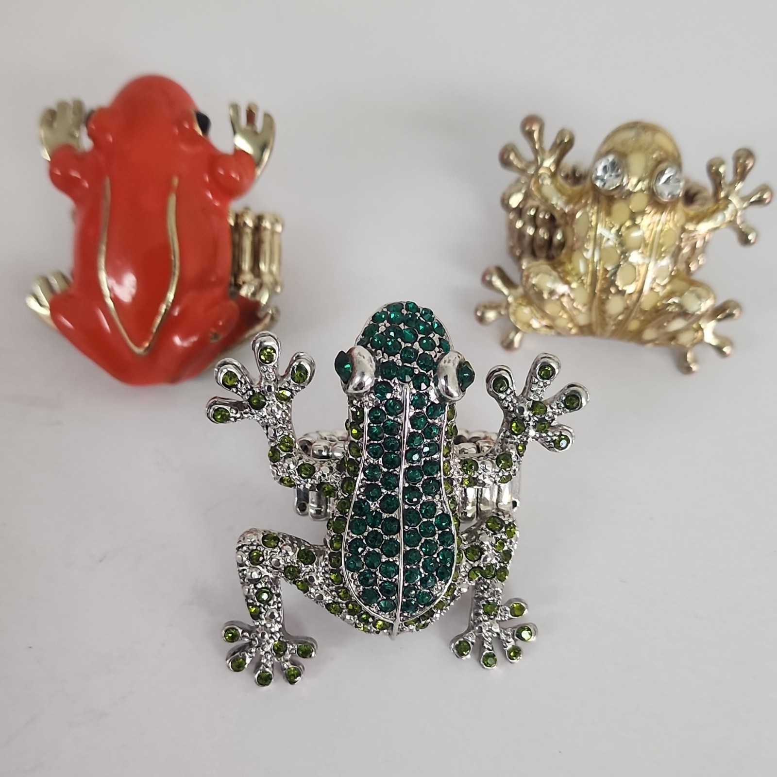 3pc Frog Stretch Band Ring Set Enamel & Rhinestone Pavé Multicolor Animal Nature