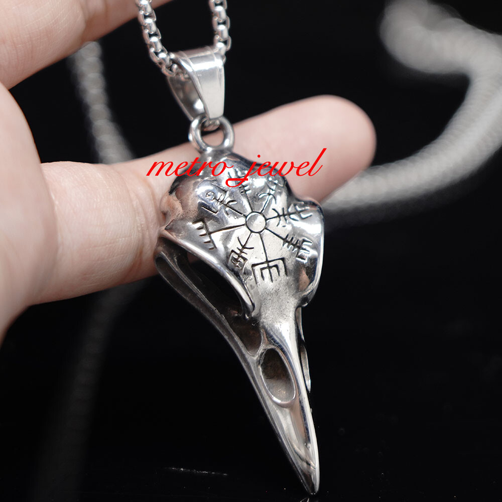 JXC Stainless Steel Mens Norse Viking Raven Skull Vegvisir Pendant Necklace Men