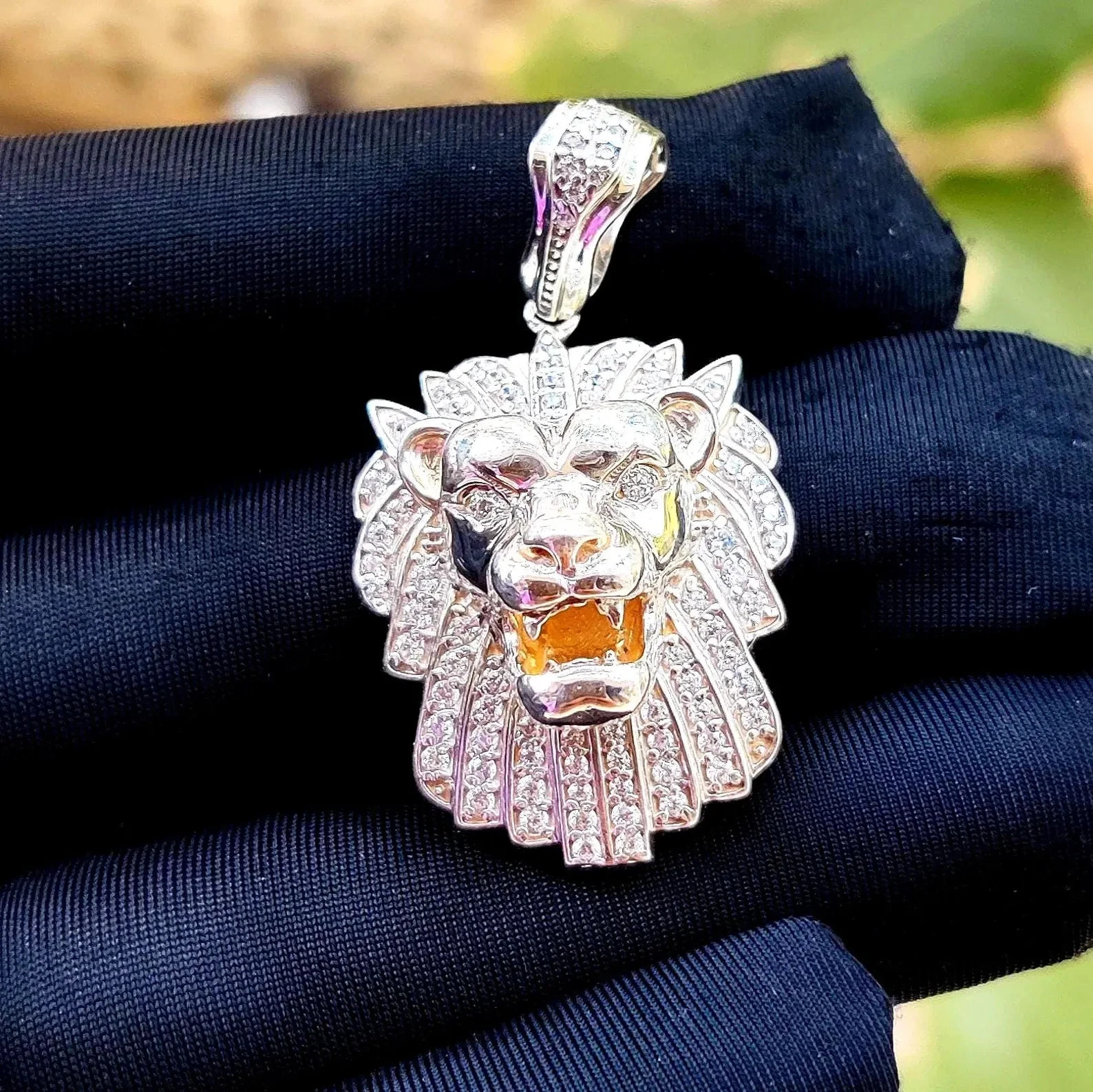 3.00Ct Round Cut Real Moissanite Lion Head Pendant 14K White Gold Plated Silver