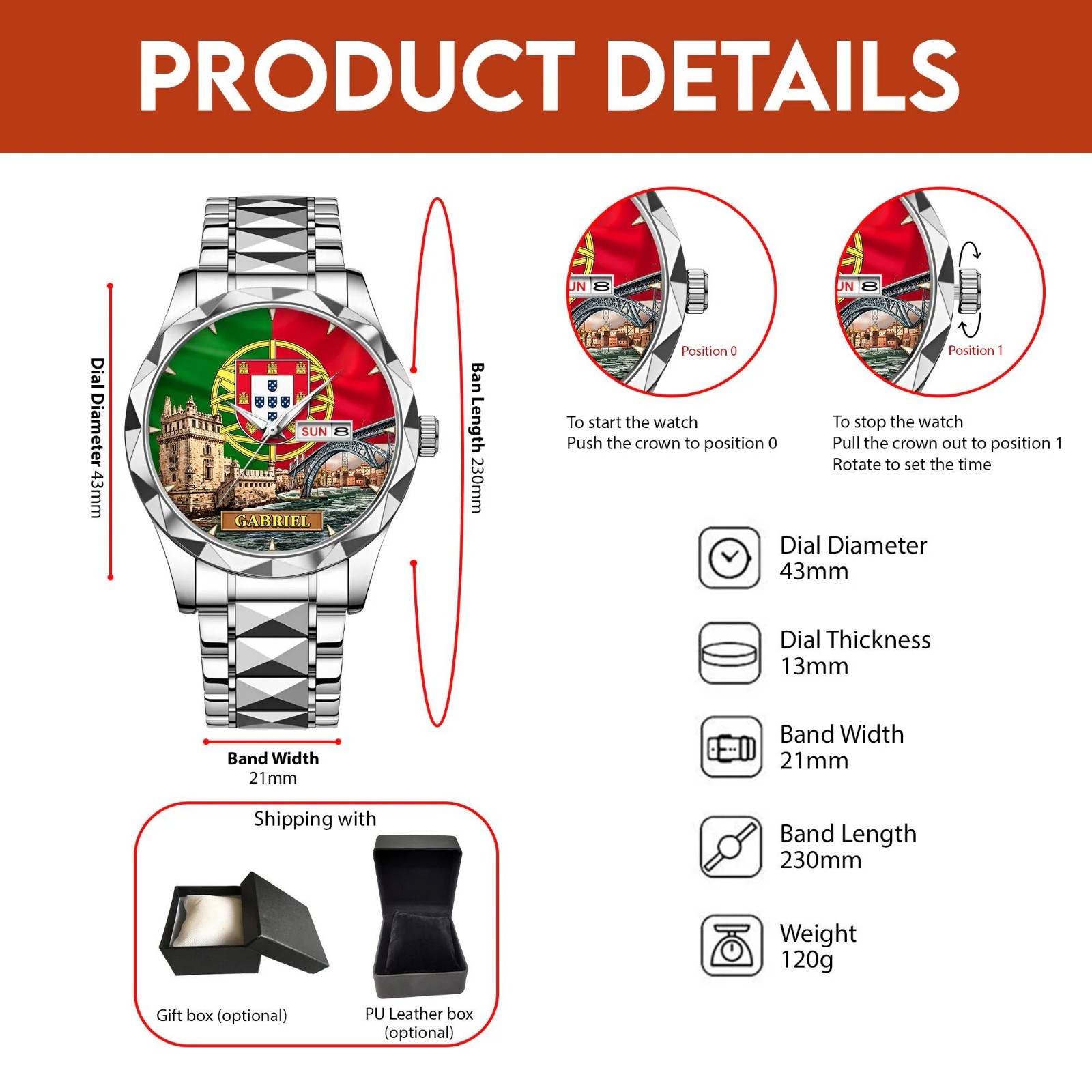 Personalized Portugal Dial Watch Custom Name Lisbon Porto Design Travel Gift Men