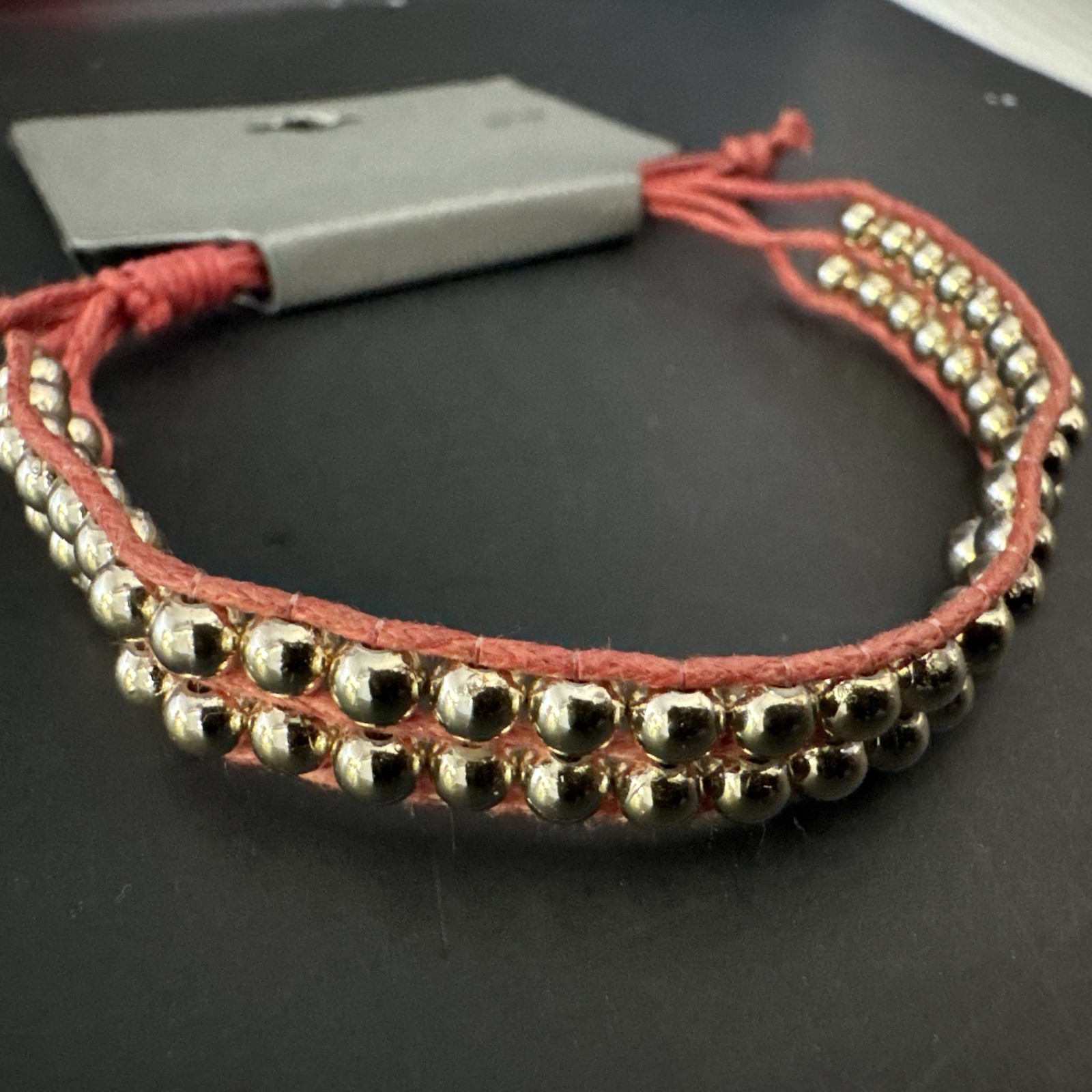 Vintage Orange Yarn & Silver Tone Beads Adjustable Cord Bracelet