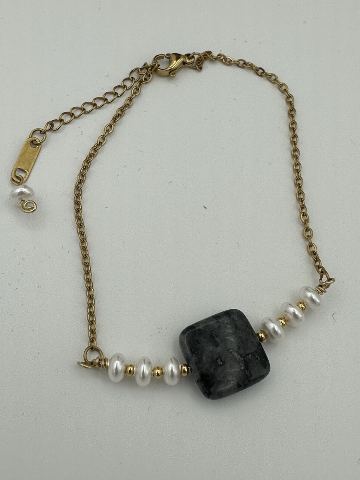 Adj 8.25-9.5” (Large) Larvikite & Glass Pearl Bracelet, 18K Over Stainless Steel