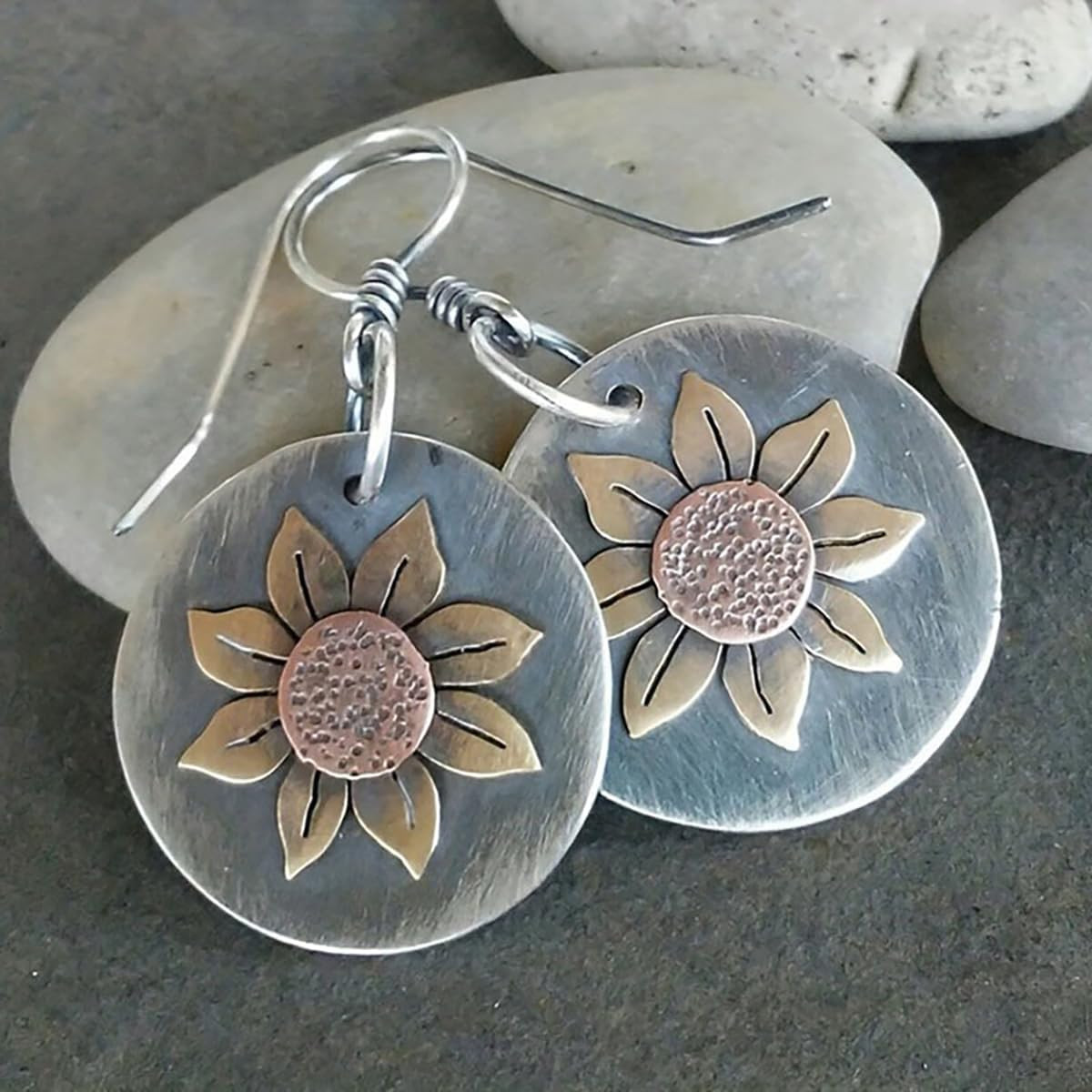 Boho Earrings, Gray Teardrop Earrings, Flower Earrings, Dangle Ethnic Earrings f