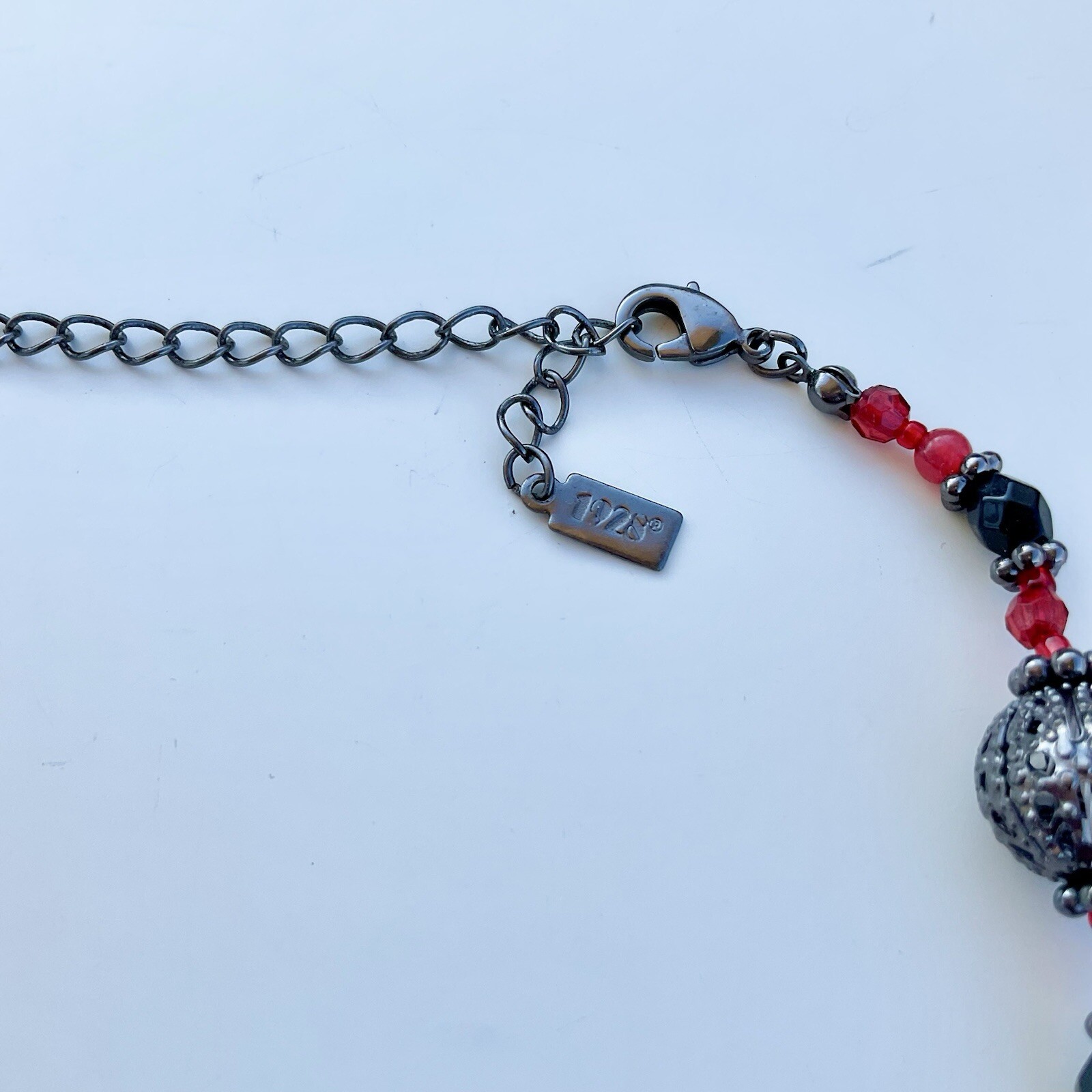 1928 Jewelry Red & Black Ornamental Beaded Necklace, 19” Adjustable