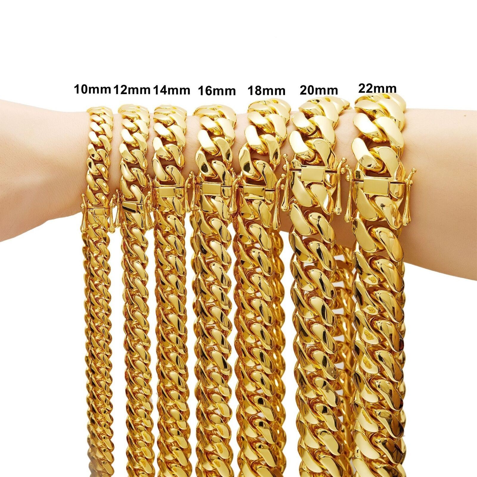 Miami Cuban Link Chain Necklace Bracelet 14k Gold Plated Stainless Steel 10-22mm