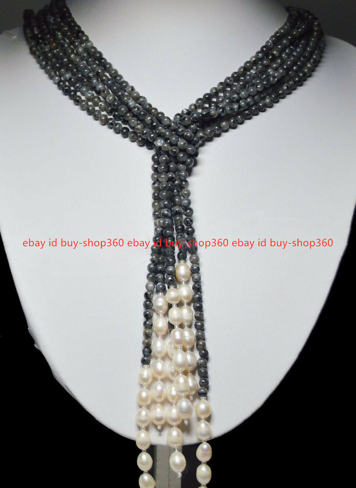 Long Charming 3 Strands 4mm Black Labradorite Beads White Pearl Necklaces 50″