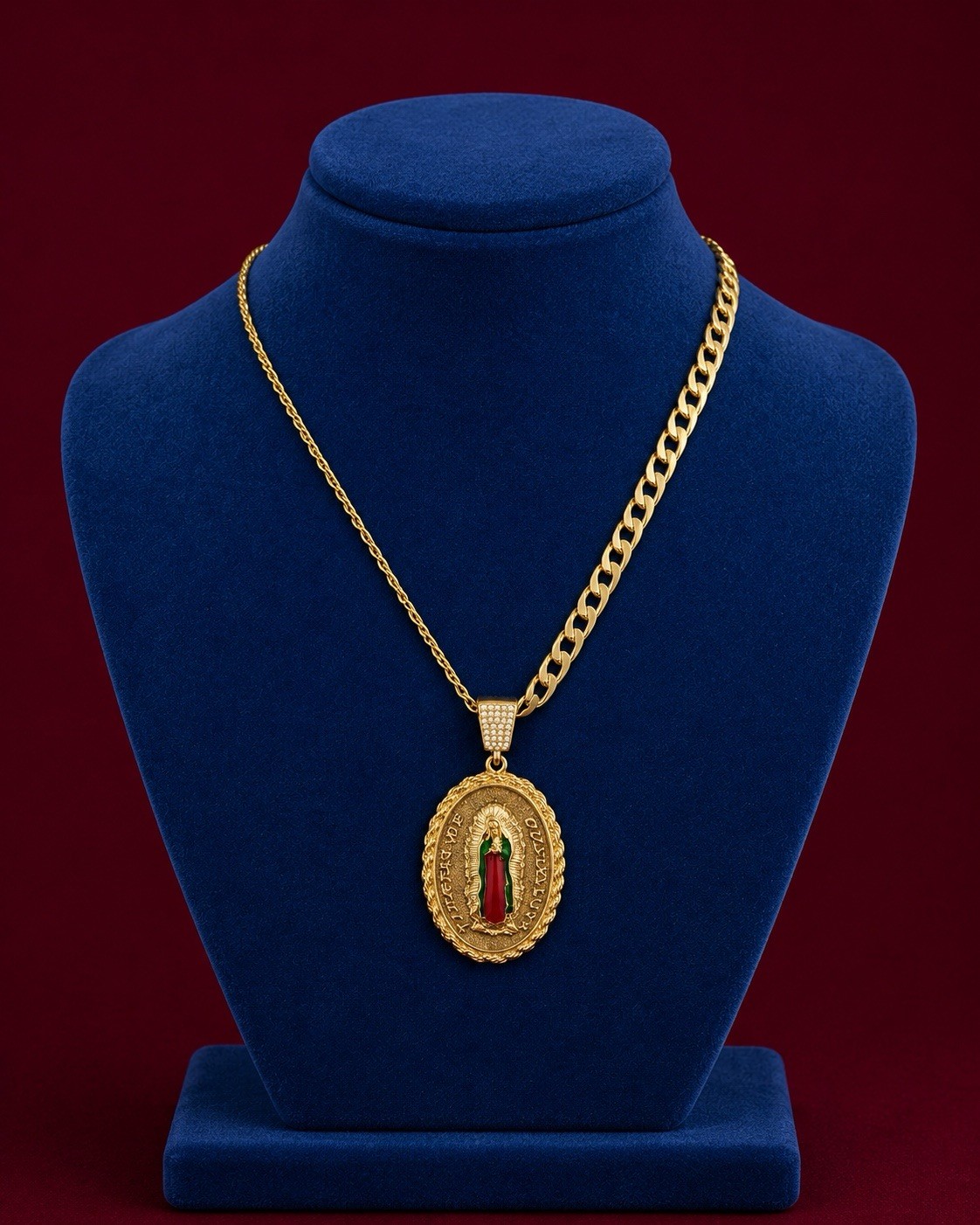 Gold Plated none tarnished Cuban Link Oval Medal Religious Pendant Necklace