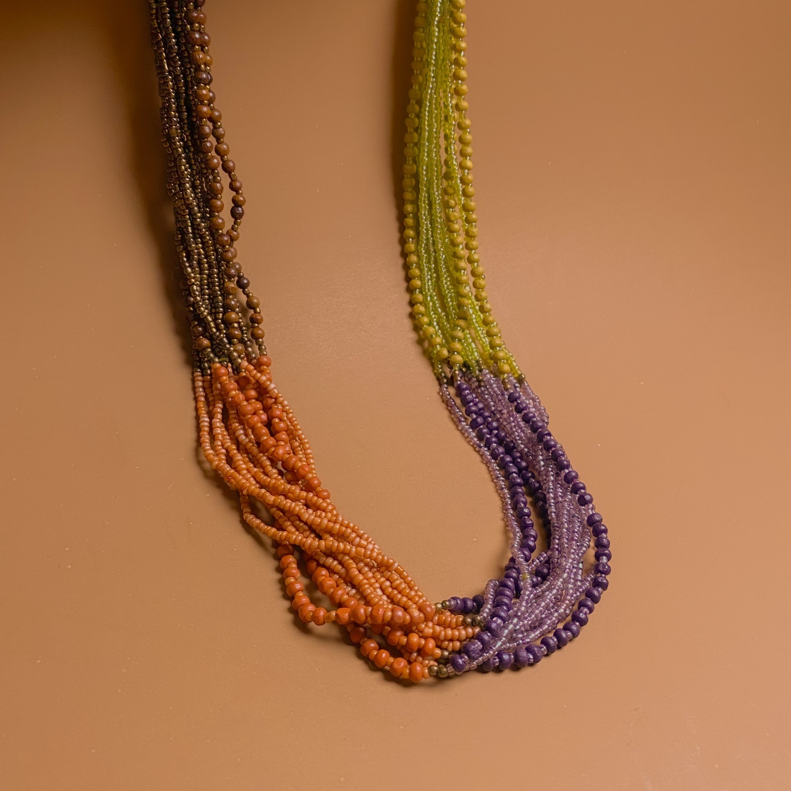 Tribal Boho Earth Tone Multi Strand Glass Wood Seed Beaded Torsade Necklace