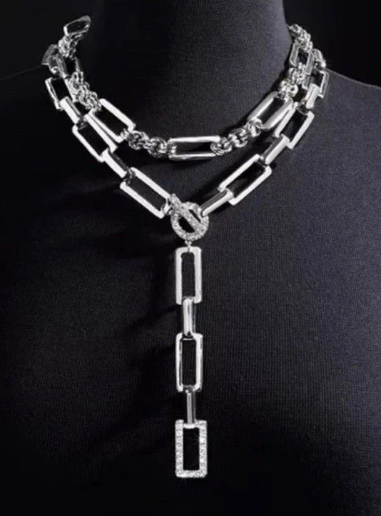 Silver Y Necklace 18″ Crystal Pavé Circle Front Closure Double Layered Link