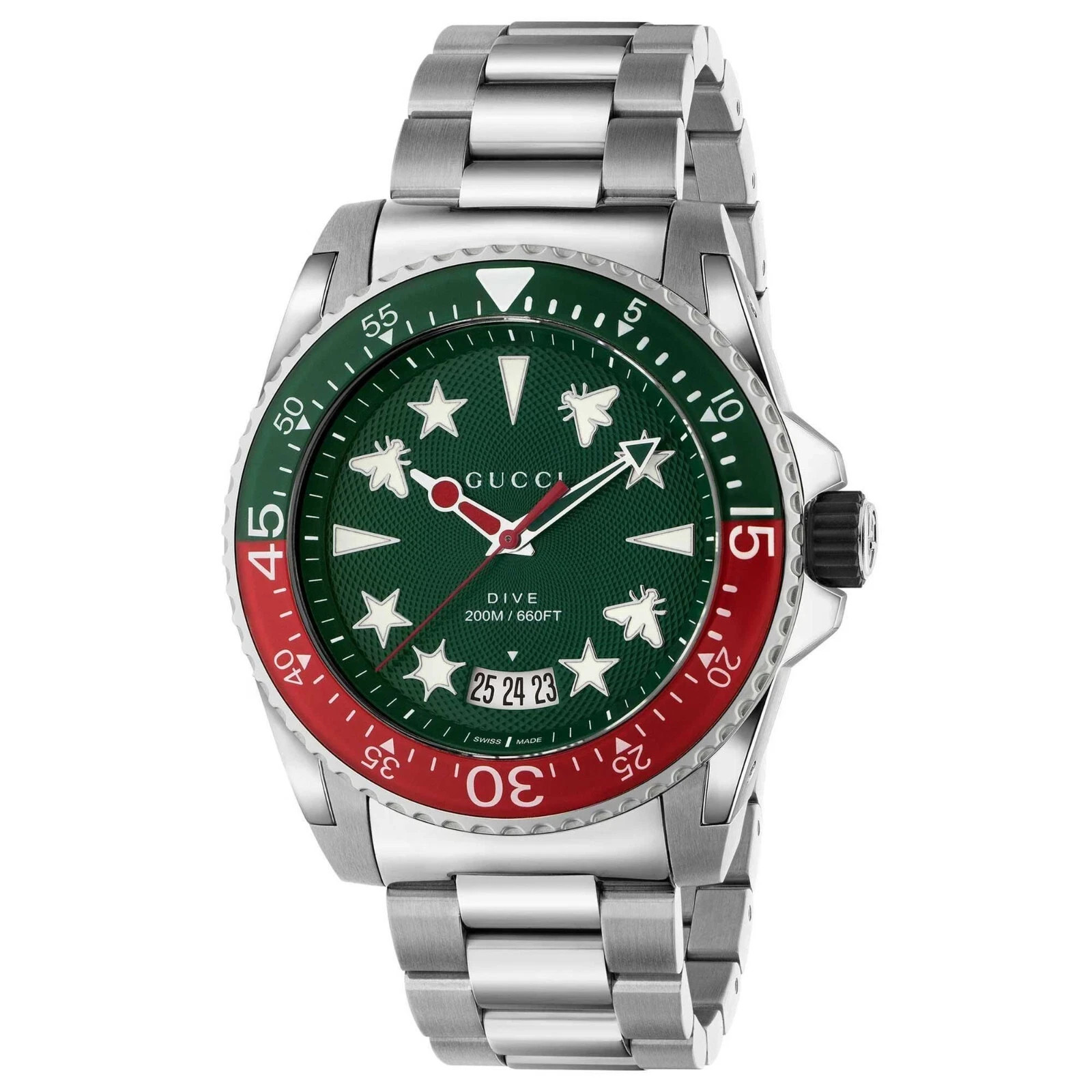Gucci Dive YA136222 45mm Red Silver Bezel Steel Bracelet Men Watch -BRAND NEW