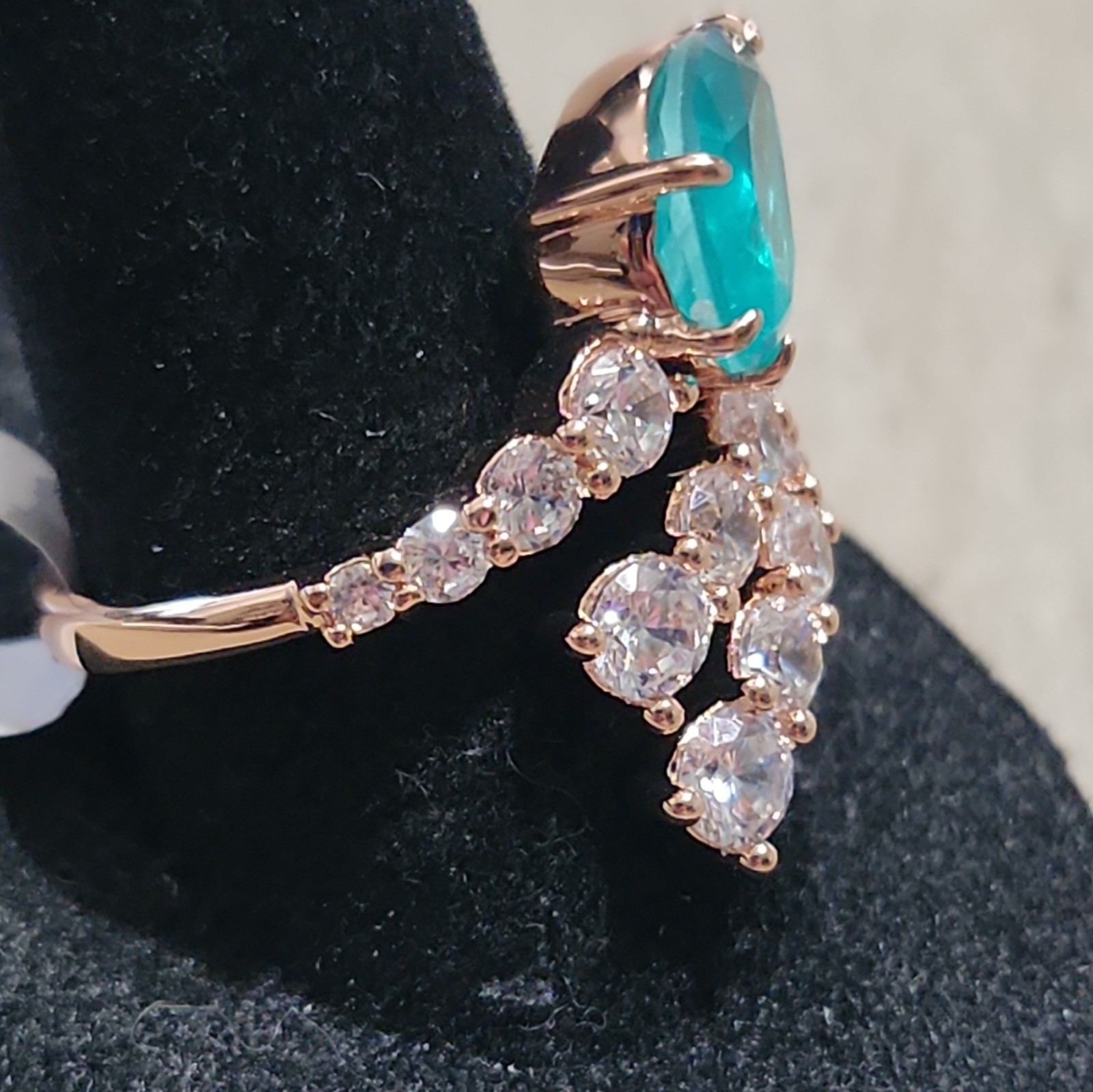 BP Sz 9 Rose Gold Plated Cocktail Wrap Band Pear Aqua Green Spinel & CZ Accents