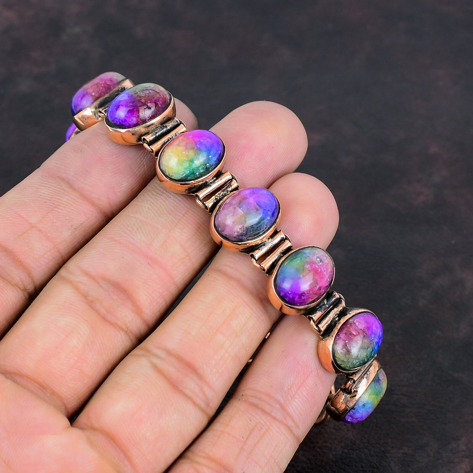 Gift For Her Rainbow Solar Quartz Druzy Adjustable Bracelet Copper Jewelry 6.0″
