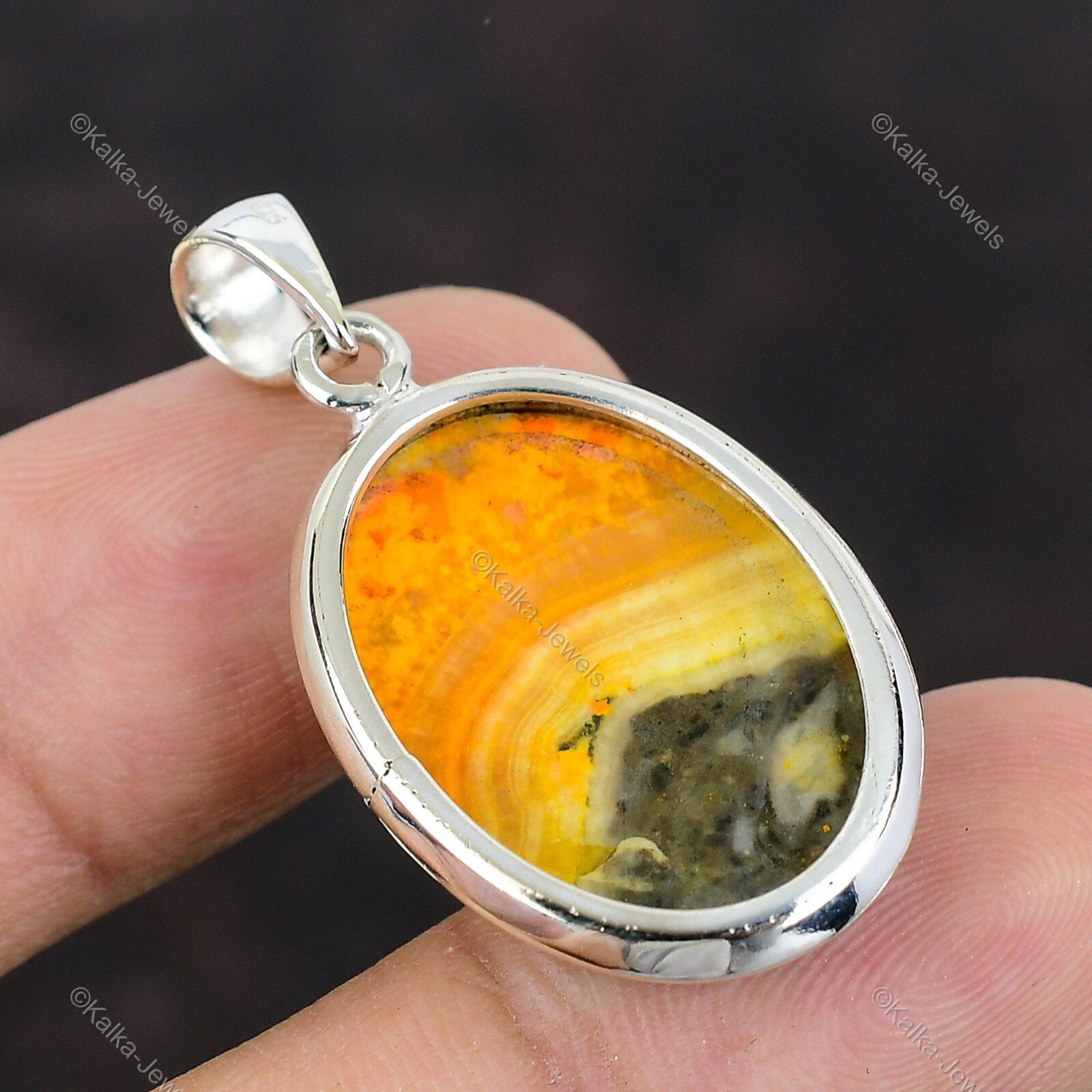 Natural Bumble Bee Jasper Gemstone Pendant Yellow 925 Sterling Silver Jewelry