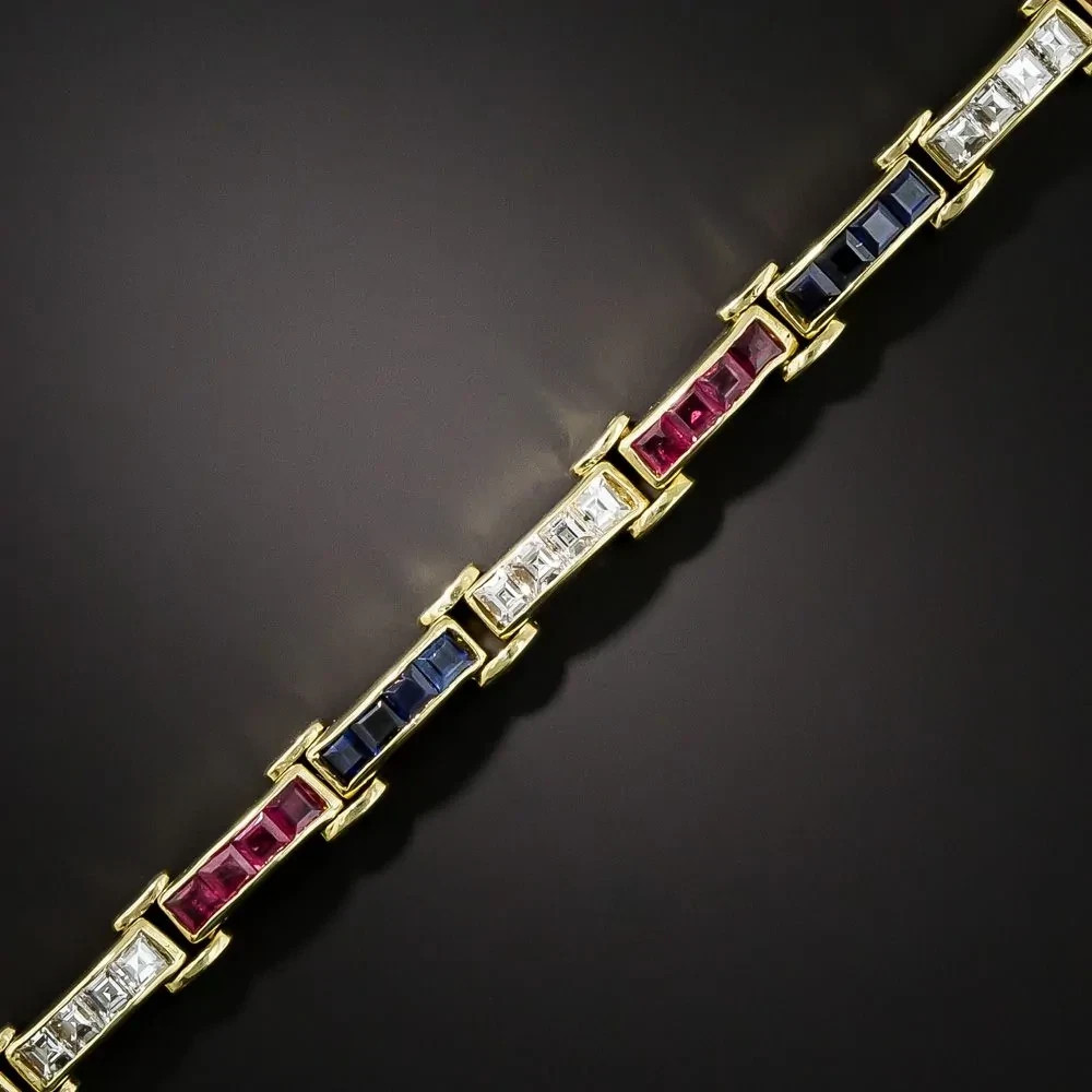 9Ct Princess Blue Sapphire Ruby & Diamond Tennis Bracelet 14K Yellow Gold Plated