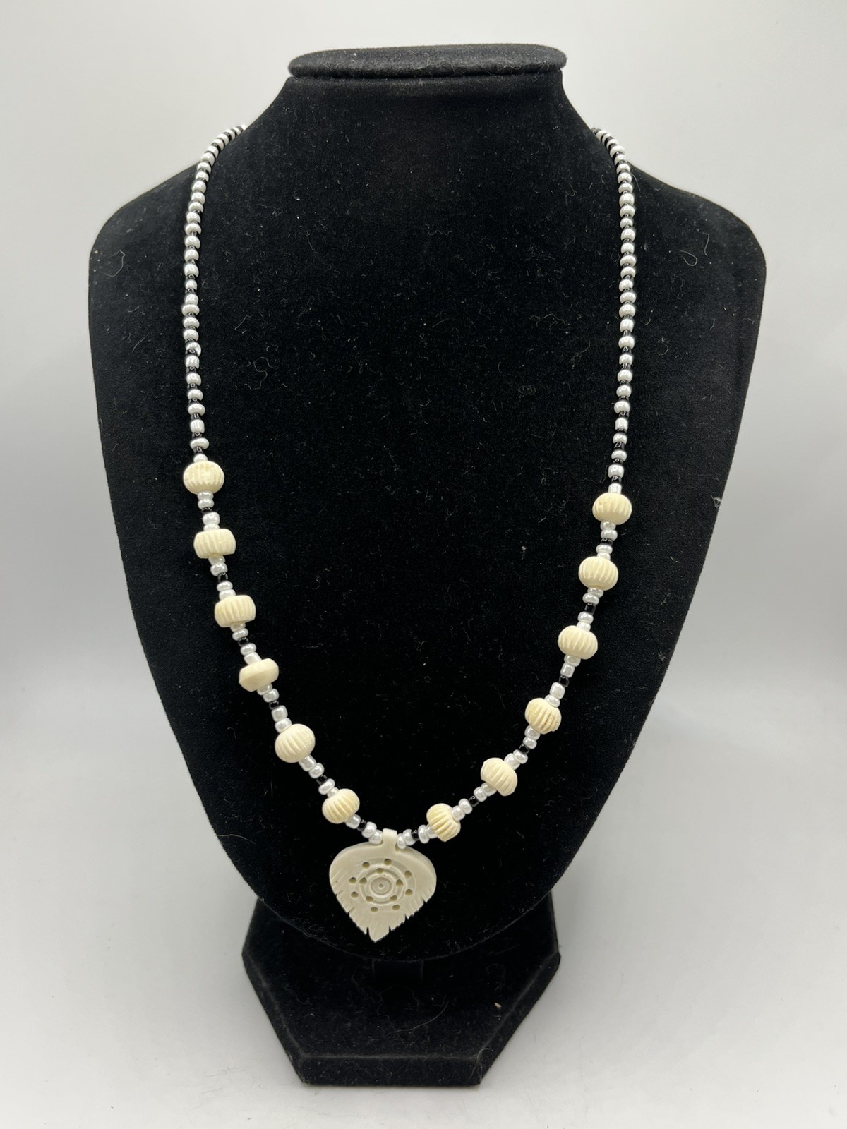 Carved Pendant Black and White Beaded Necklace 20”
