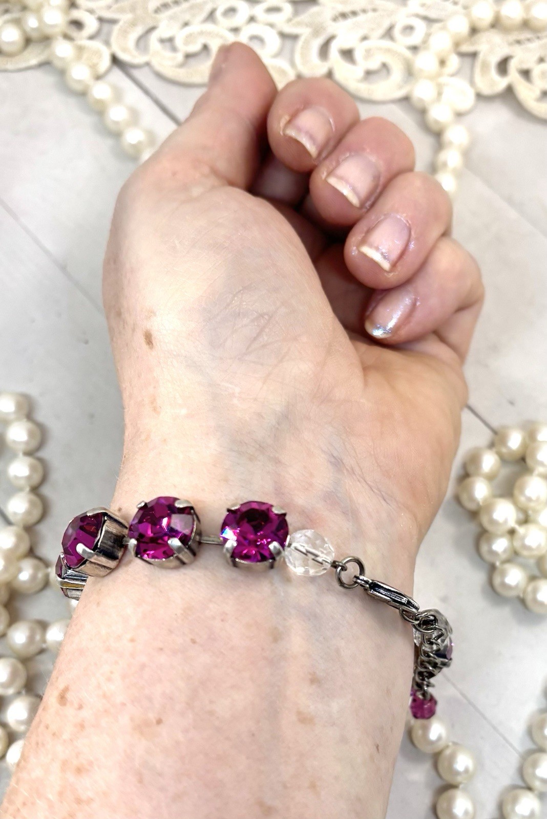 10mm Antique Silver Plated Fuchsia Pink Cup Chain Statement Bracelet