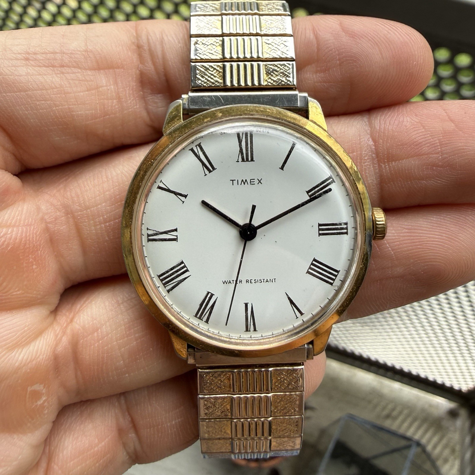 Vintage 70’s Timex Marlin Windup Wrist Watch Gold Tone Roman Numerals with Box