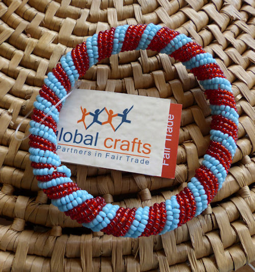 African Jewelry Maasai Masai Beaded Bracelet Bangle Kenya Fair Trade Blue/Red MD