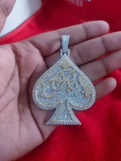 3Ct Round Cut Natural Moissanite Custom ACE SPADE Pendant 14K White Gold Plated