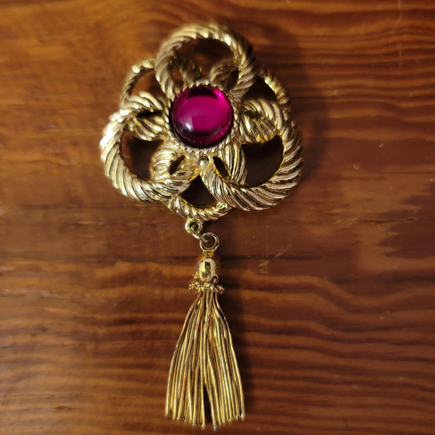 Vintage Rope and Tassel Brooch Pin Red Pink Stone 3.5 Inches Long Gold Tone