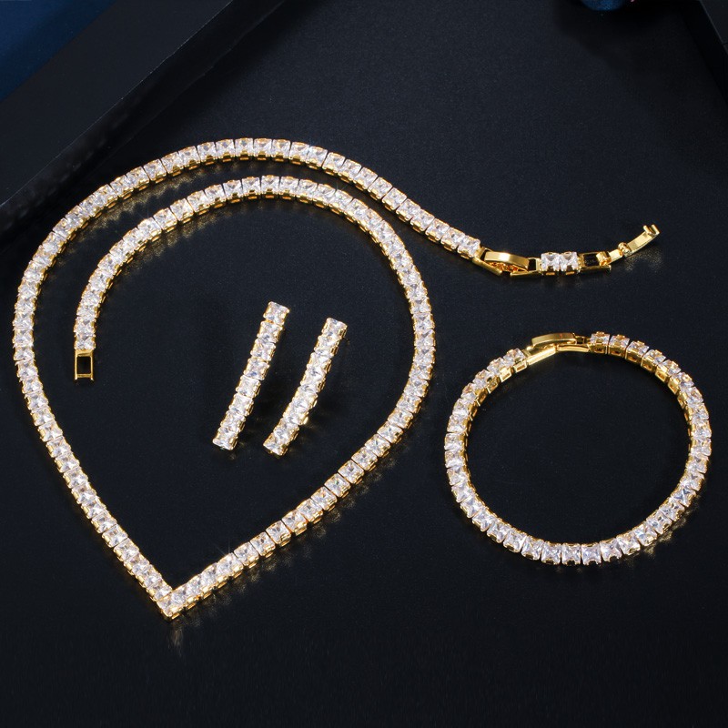 Square Zircon Gold Plated V Shape Tennis Necklace Bracelet Earrings Jewelry Set