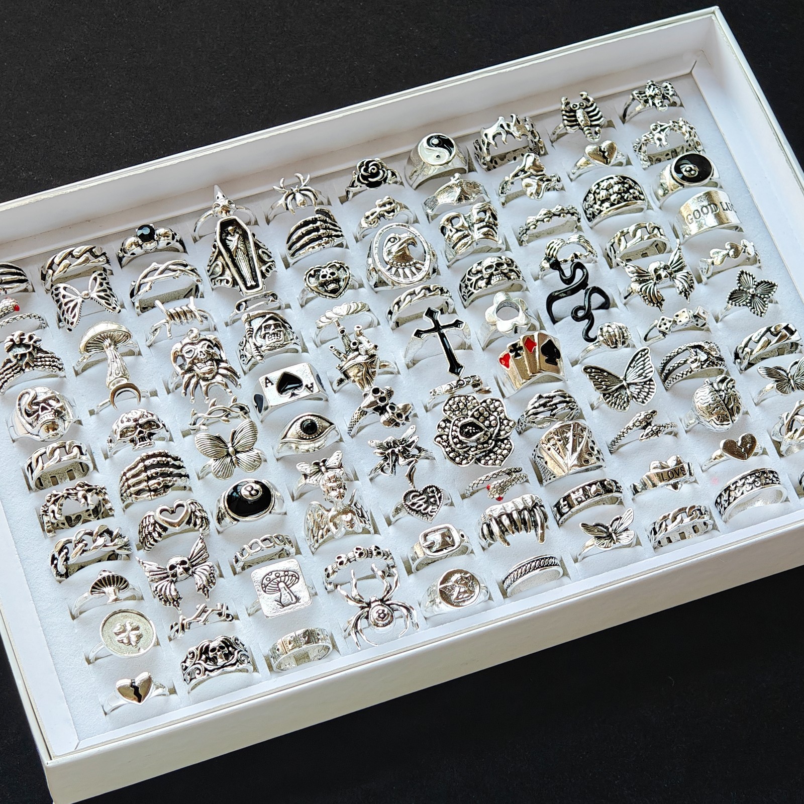 Bulk Lot 50/100pcs Mixed Y2K Vintage Silver Rings Gothic Punk Party Gift Jewelry