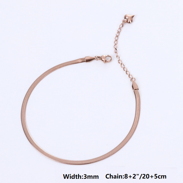 316L Stainless Steel Herringbone Chain Flat Snake Cuban Anklet Anti Tarnish PE10